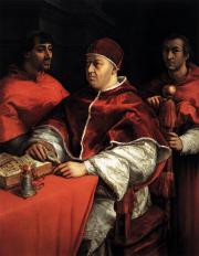 Raffaello Santi: Pope Leo X with Cardinals Giulio de' Medici and Luigi de' Rossi 1518-19