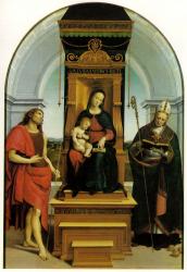 Raffaello Santi: Virgin and Child enthroned with Sts John the Baptist and Nicholas of Bari (the Ansidei altarpiece) 1505